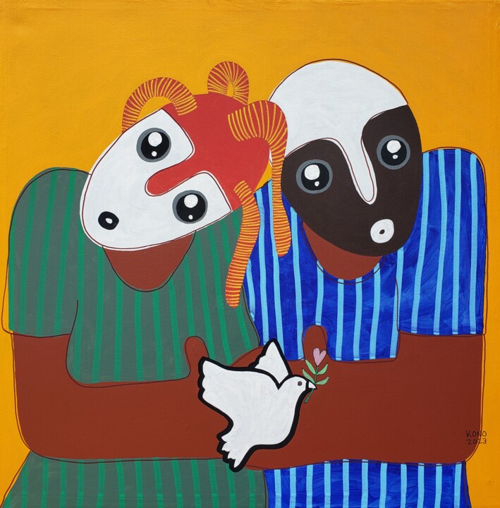 Painting titled "Amour et Paix" by Raymond Yves Kono (Ntshi-Ntshim), Original Artwork, Acrylic Mounted on Wood Stretcher fra…