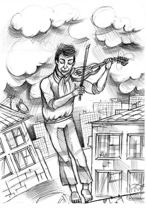 Drawing titled "скрипач на крыше" by Konstantin Gruznev, Original Artwork, Ballpoint pen