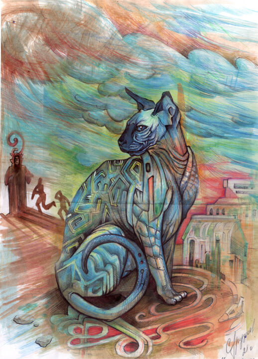 Zeichnungen mit dem Titel "кот" von Konstantin Gruznev, Original-Kunstwerk, Kugelschreiber