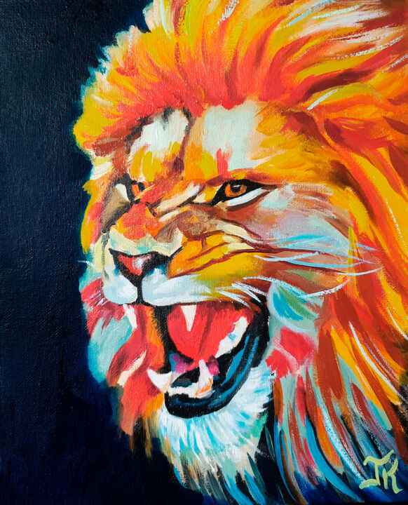 Painting titled "lion" by Konstantin Gusev, Original Artwork, Oil Mounted on Other rigid panel