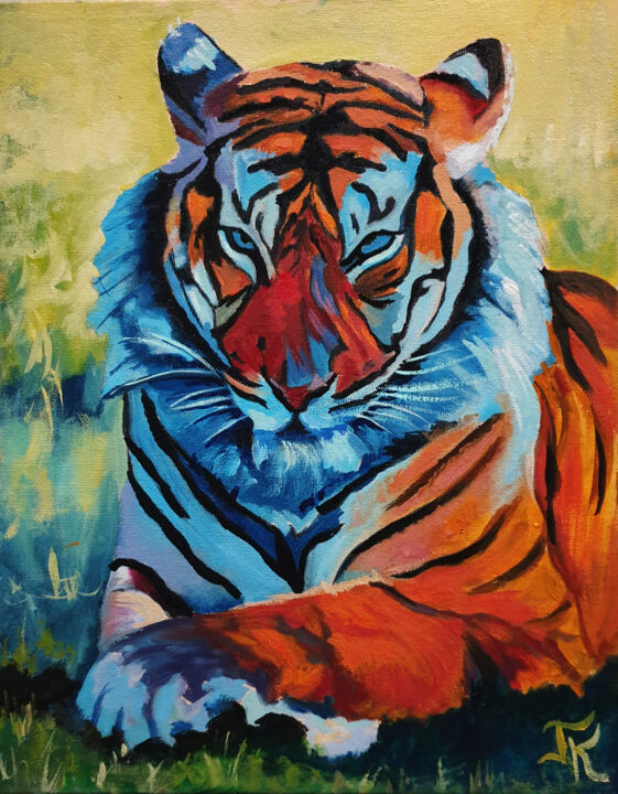 Painting titled "Tiger" by Konstantin Gusev, Original Artwork, Oil Mounted on Other rigid panel