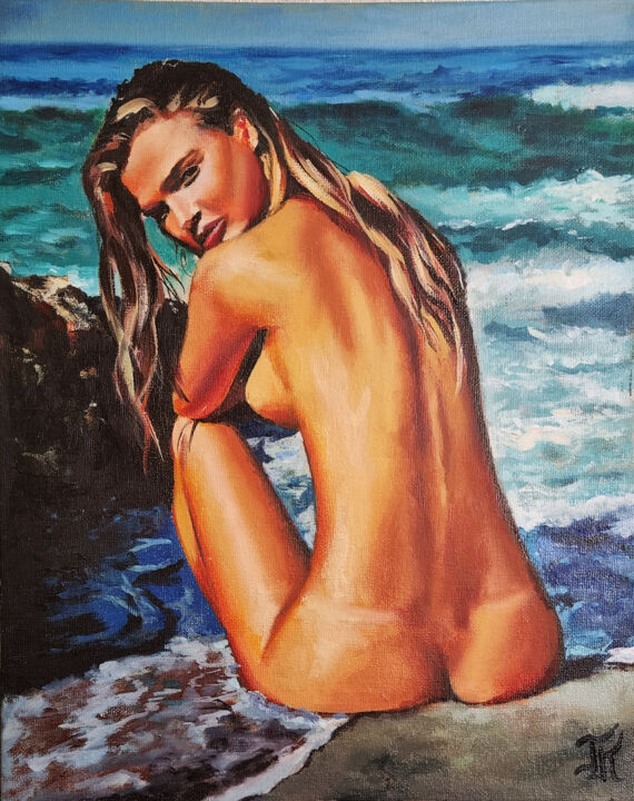 Painting titled "Nude girl" by Konstantin Gusev, Original Artwork, Oil Mounted on Other rigid panel