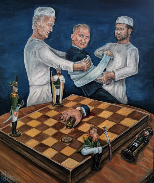 Pintura intitulada "Chess piece riot (Б…" por Konstantin Rudnev, Obras de arte originais, Óleo