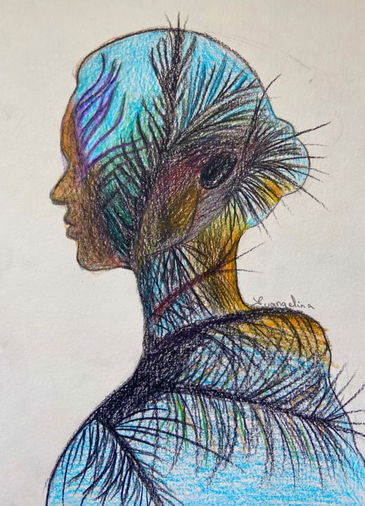 图画 标题为“Feather-Girl” 由Evangelina, 原创艺术品, 铅笔