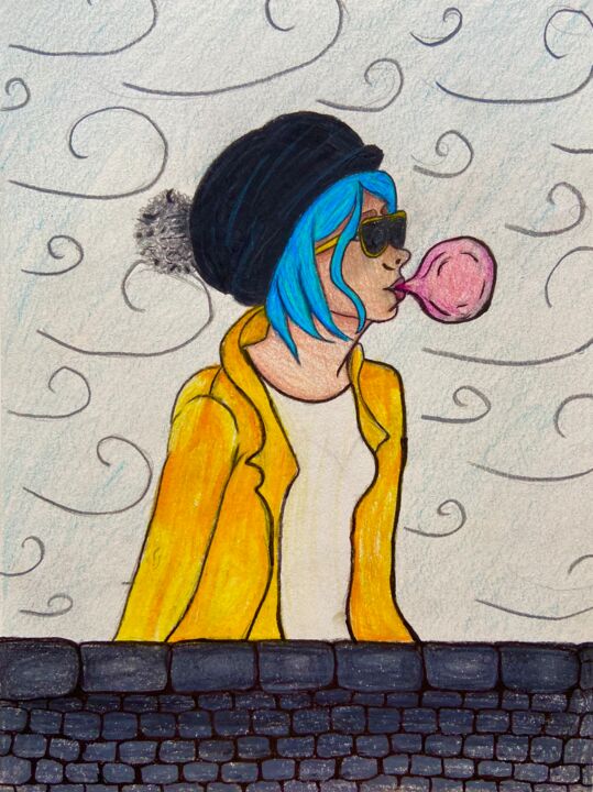 Malerei mit dem Titel "Blue Hair,Yellow Ja…" von Evangelina, Original-Kunstwerk, Acryl