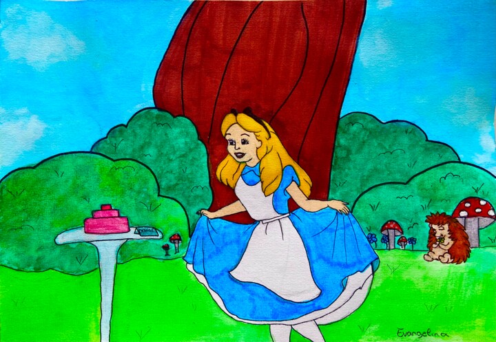 Pittura intitolato "Alice in Wonderland…" da Evangelina, Opera d'arte originale, Acquarello