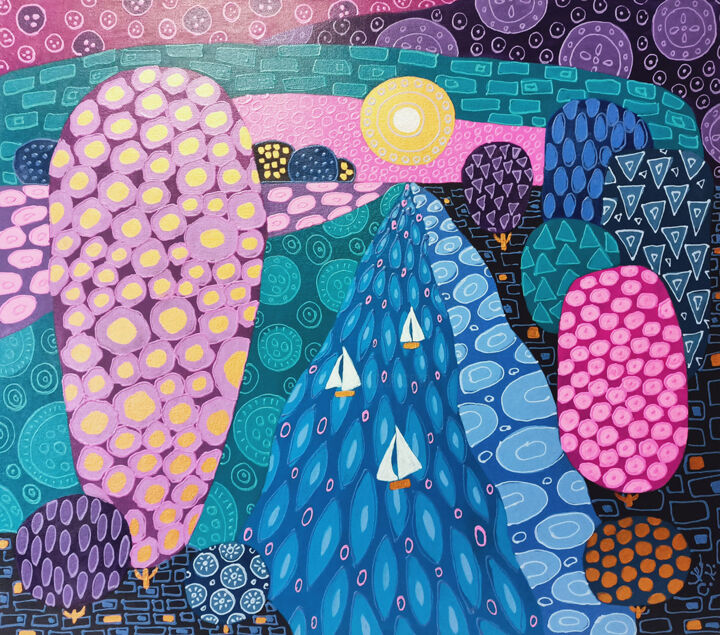 Картина под названием "«Пейзаж с лодочками…" - Svetlana Konstantinova, Подлинное произведение искусства, Акрил