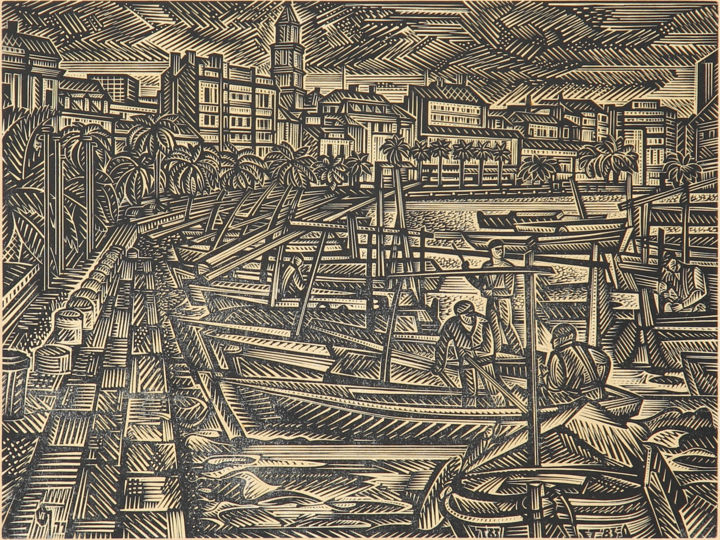 Printmaking titled "Причал для лодок в…" by Aleksandr Gubarev, Original Artwork, Linocuts