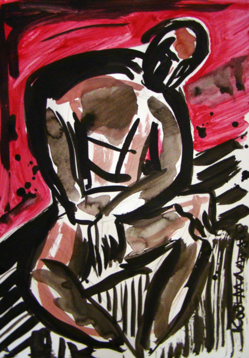 Painting titled "Seated Man with Red…" by Koola Adams, Original Artwork, Acrylic