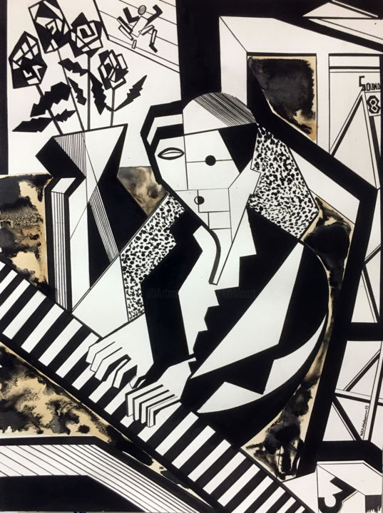 Drawing titled "The Pianist" by Koola Adams, Original Art, Ink