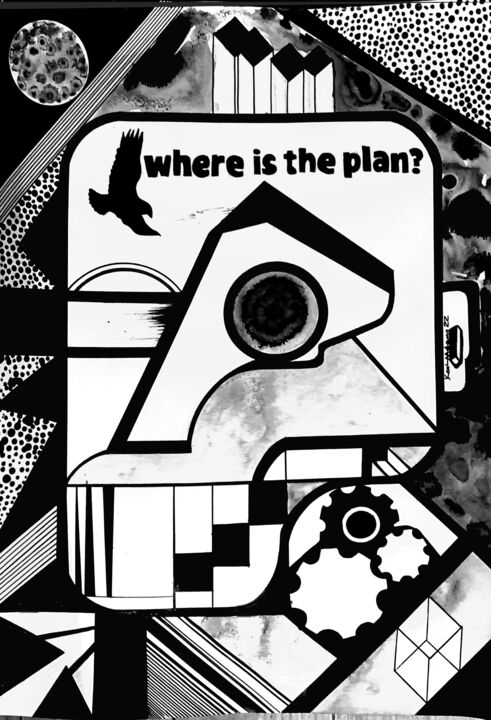 Dibujo titulada "Where is the Plan?" por Koola Adams, Obra de arte original, Tinta