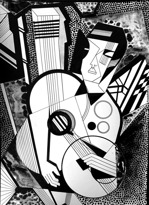 Drawing titled "The Guitarist II" by Koola Adams, Original Artwork, Ink