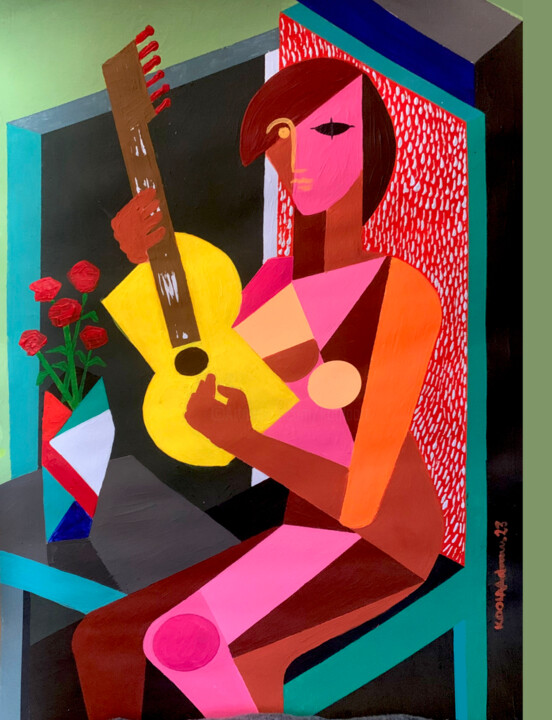 Pittura intitolato "Woman with Guitar" da Koola Adams, Opera d'arte originale, Acrilico