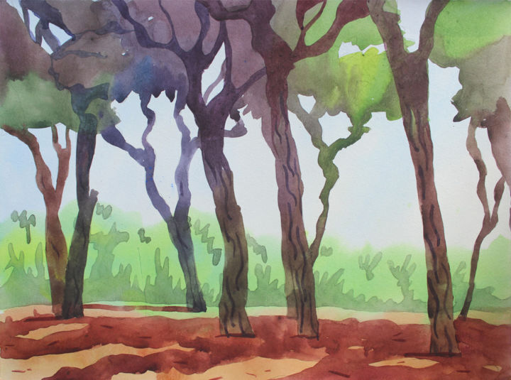 Peinture intitulée "Mediterranean forest" par Mykola Kornilov, Œuvre d'art originale, Aquarelle