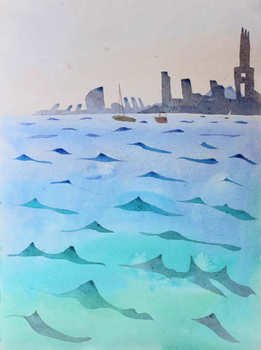 Peinture intitulée "Montgat Nord" par Mykola Kornilov, Œuvre d'art originale, Aquarelle