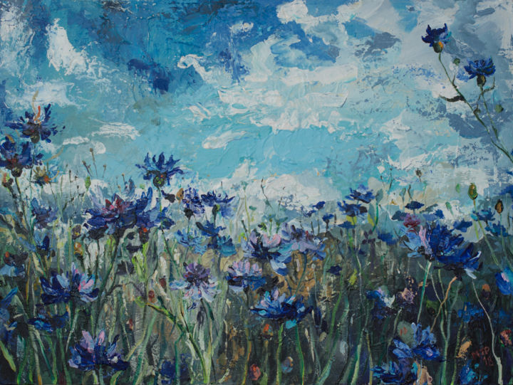 Painting titled "Cornflower Field" by Marina Urchukina, Original Artwork, Acrylic