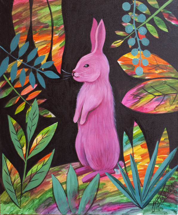 Painting titled "Розовый кролик" by Galina Gataullina, Original Artwork, Oil Mounted on Wood Stretcher frame