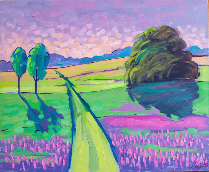 Painting titled "Field with lupins" by Galina Gataullina, Original Artwork, Oil Mounted on Wood Stretcher frame