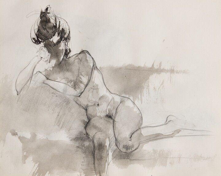Drawing titled "Nude Woman posing o…" by Mihail Ivanov, Original Artwork, Ink