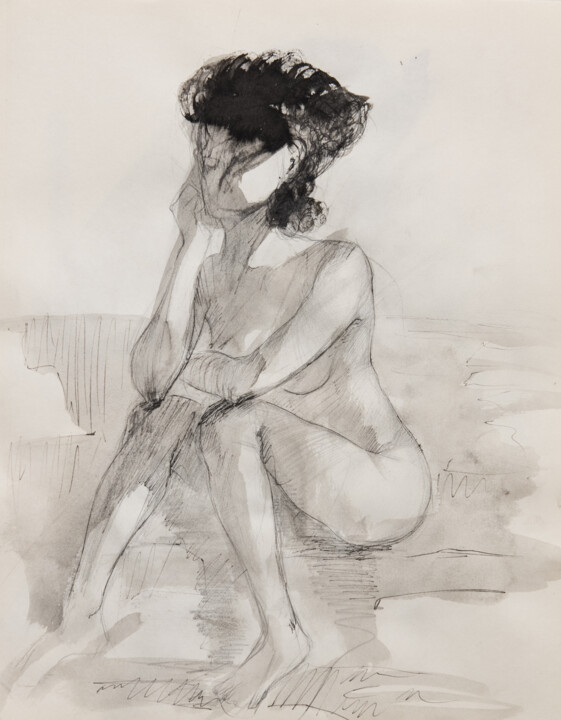 Dessin intitulée "Nude Woman on Couch" par Mihail Ivanov, Œuvre d'art originale, Encre
