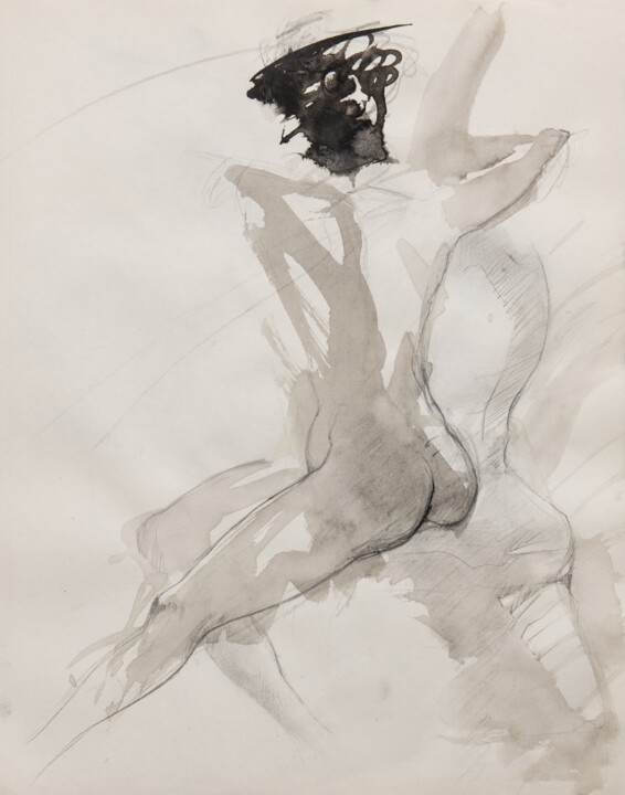 Dessin intitulée "Nude woman on a cha…" par Mihail Ivanov, Œuvre d'art originale, Encre