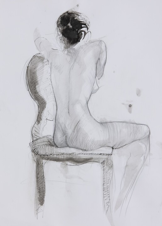 Drawing titled "Nude Girl with Blac…" by Mihail Ivanov, Original Artwork, Ink