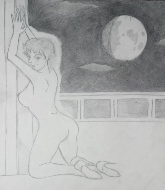 Drawing titled "Girl and Moon" by Jonathan Cole, Original Artwork