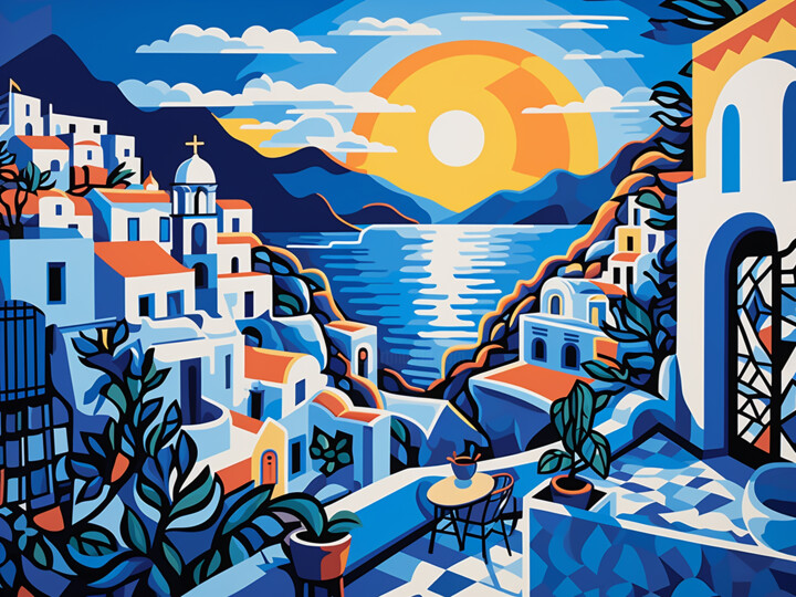 Malerei mit dem Titel "Santorini at sunset" von Kosta Morr, Original-Kunstwerk, Acryl Auf Keilrahmen aus Holz montiert