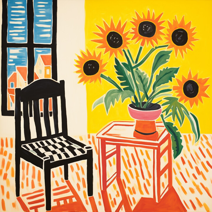 Schilderij getiteld "Sunflowers" door Kosta Morr, Origineel Kunstwerk, Acryl Gemonteerd op Frame voor houten brancard