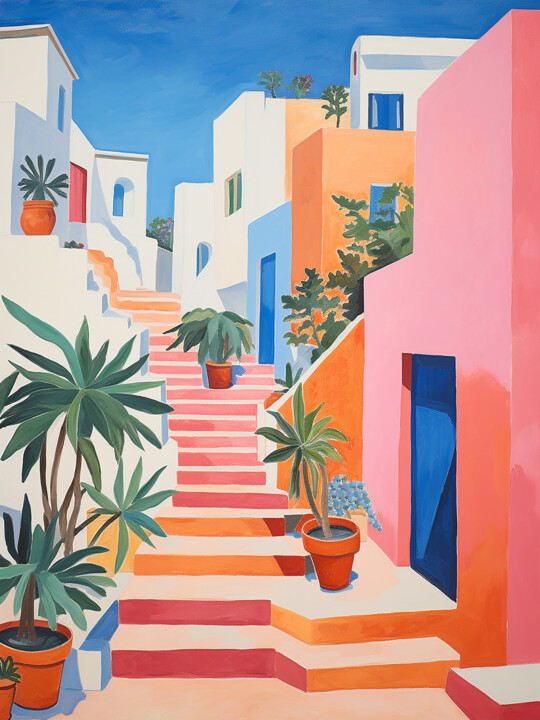 Painting titled "Pots on the stairs" by Kosta Morr, Original Artwork, Acrylic Mounted on Wood Stretcher frame