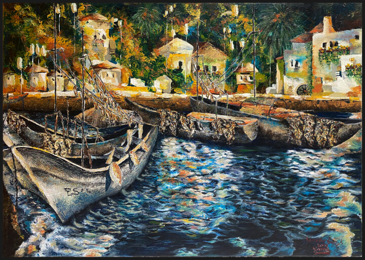 Peinture intitulée "Fish village in And…" par Kostadin Hristov, Œuvre d'art originale, Huile