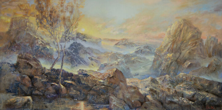 Картина под названием "Dawn in the mountai…" - Kostiantyn Hudaiev, Подлинное произведение искусства, Масло