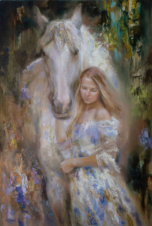 Картина под названием "Девушка с белым кон…" - Kostiantyn Hudaiev, Подлинное произведение искусства, Масло