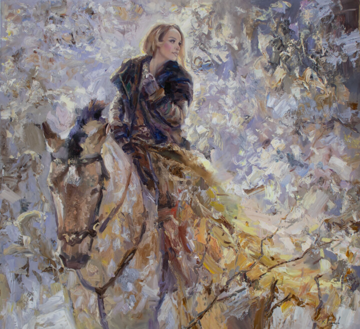 Malarstwo zatytułowany „Девушка в зимнем ле…” autorstwa Kostiantyn Hudaiev, Oryginalna praca, Olej