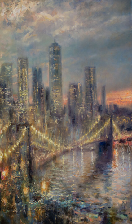 Картина под названием "Вечерний мост в огн…" - Kostiantyn Hudaiev, Подлинное произведение искусства, Масло
