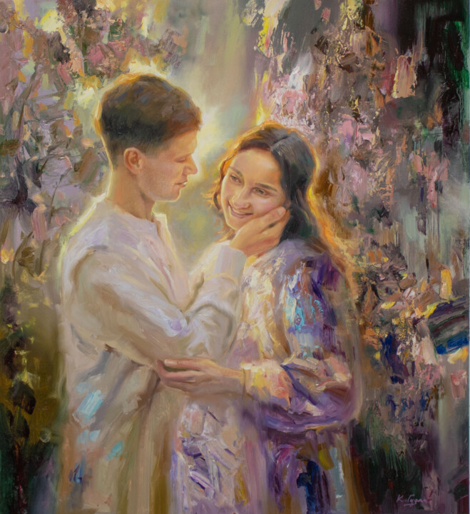 Painting titled "Влюбленные в свете" by Kostiantyn Hudaiev, Original Artwork, Oil