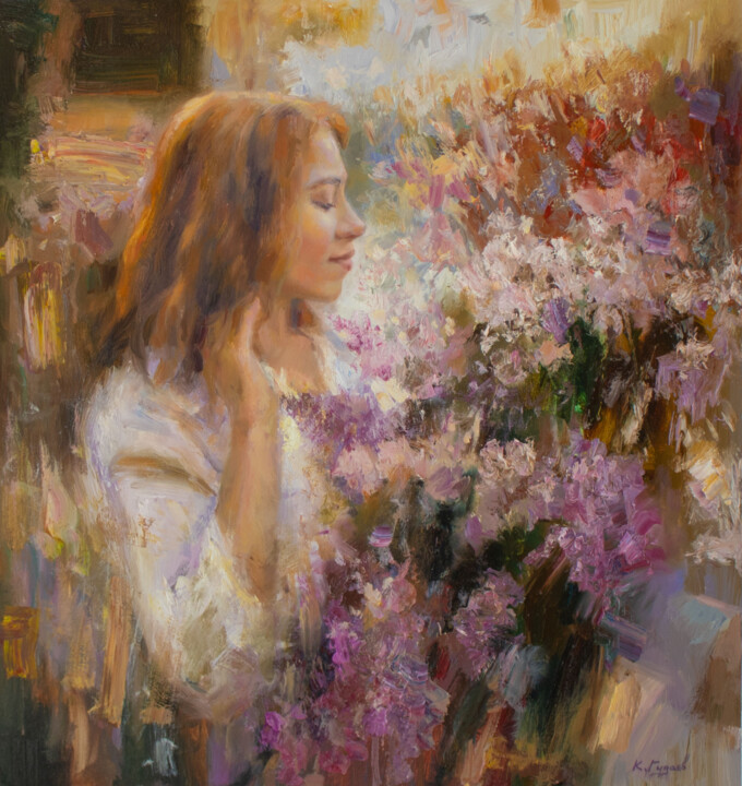 Картина под названием "Девушка с серенью" - Kostiantyn Hudaiev, Подлинное произведение искусства, Масло