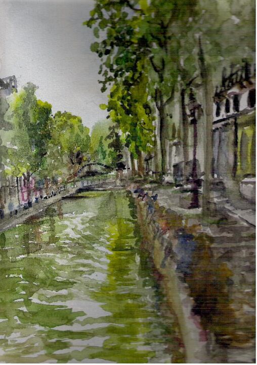 Malerei mit dem Titel "le long du canal sa…" von Kote Mensah, Original-Kunstwerk, Aquarell
