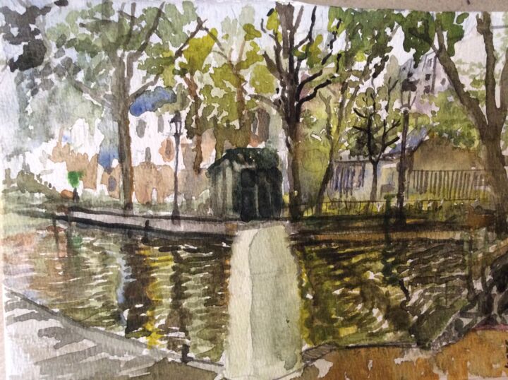 Painting titled "canal saint martin…" by Kote Mensah, Original Artwork, Watercolor