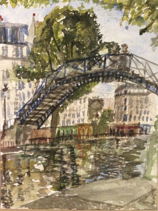 Schilderij getiteld "canal saint martin…" door Kote Mensah, Origineel Kunstwerk, Aquarel