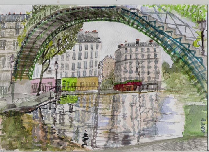 Painting titled "Canal saint martin…" by Kote Mensah, Original Artwork, Watercolor