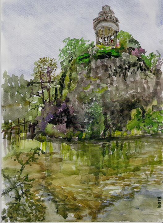 Painting titled "aux-buttes-chaumont…" by Kote Mensah, Original Artwork, Watercolor