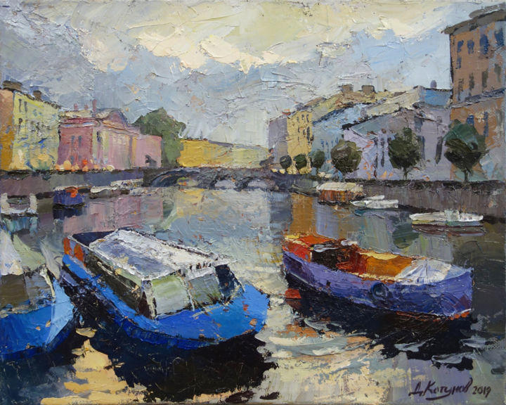Картина под названием "Лодки" - Дмитрий Котунов, Подлинное произведение искусства, Масло