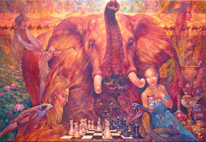 Painting titled "Elephant's Move" by Kot Valeriy, Original Artwork, Oil Mounted on Wood Stretcher frame