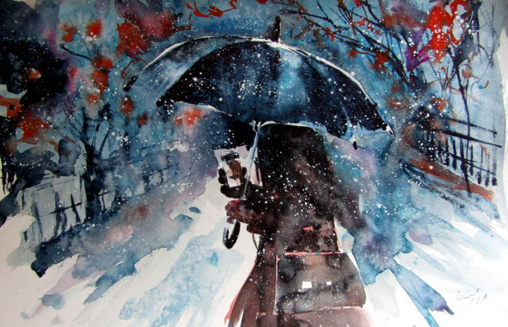 Peinture intitulée "Wintertime with cof…" par Anna Brigitta Kovacs (KAB), Œuvre d'art originale, Aquarelle
