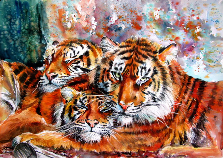 Painting titled "Resting tigers" by Anna Brigitta Kovacs (KAB), Original Artwork, Watercolor