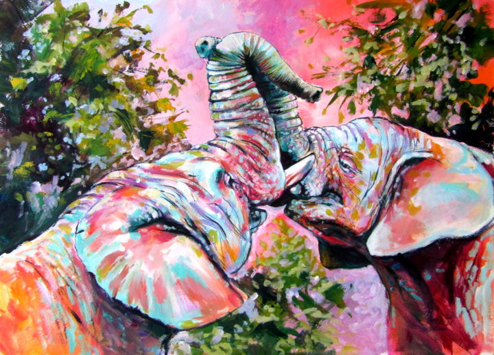 Painting titled "Happy elephants" by Anna Brigitta Kovacs (KAB), Original Artwork, Acrylic