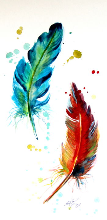 Malerei mit dem Titel "Colorful feathers" von Anna Brigitta Kovacs (KAB), Original-Kunstwerk, Aquarell