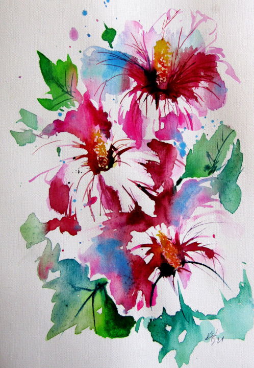 Painting titled "Three flowers" by Anna Brigitta Kovacs (KAB), Original Artwork, Watercolor