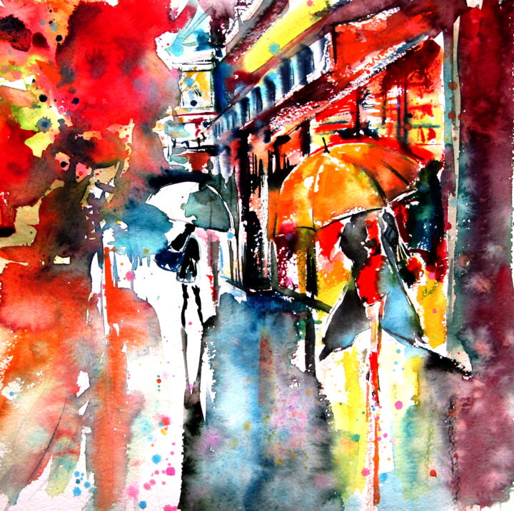Painting titled "Colorful rain at ni…" by Anna Brigitta Kovacs (KAB), Original Art, Watercolor